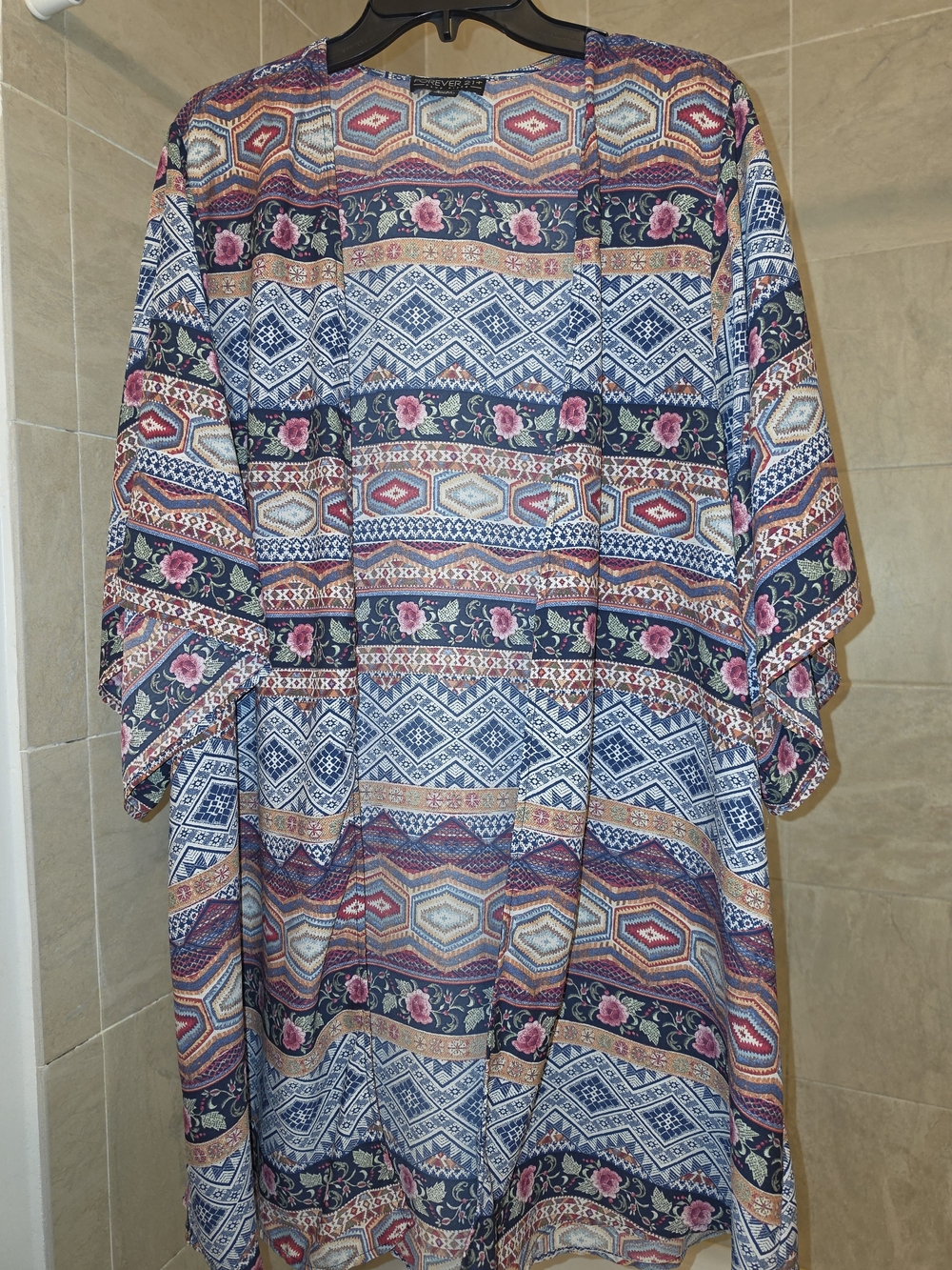 Forever 21 Plus Sizes Multi-Pattern Floral Kimono Dress - Navy, Pink, Cream